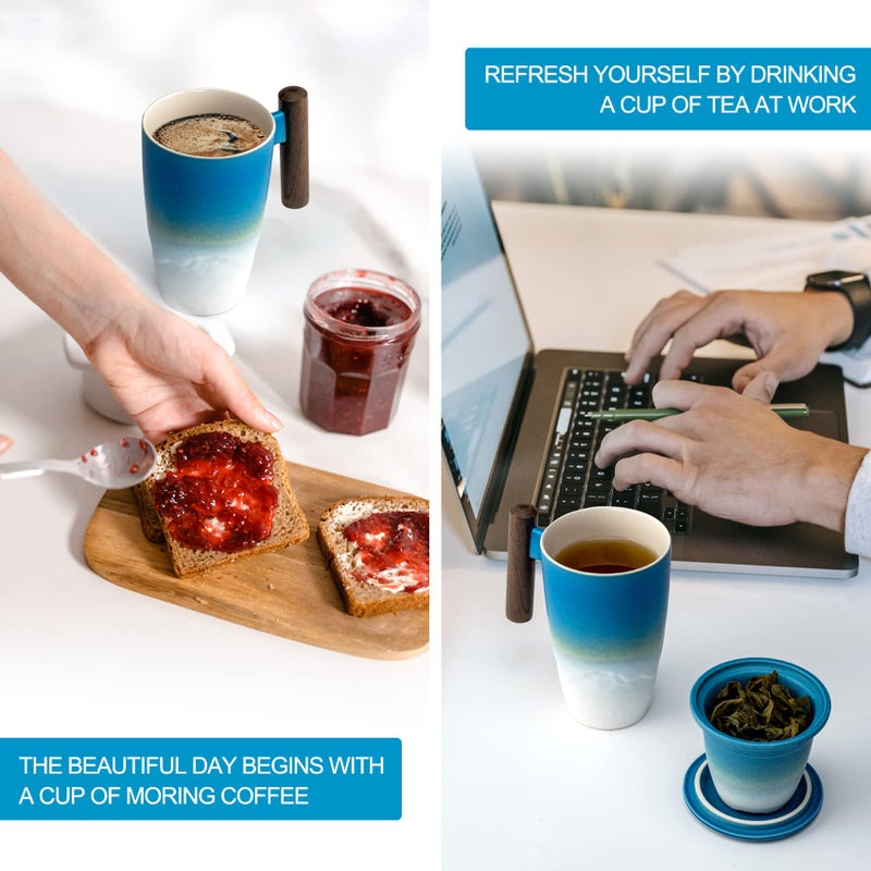 suyika Tomotime Ceramic Tea Cup with Infuser and Lid Tea Mugs Wooden Handle 400ml/13.5oz (Cyan blue) - Image 5